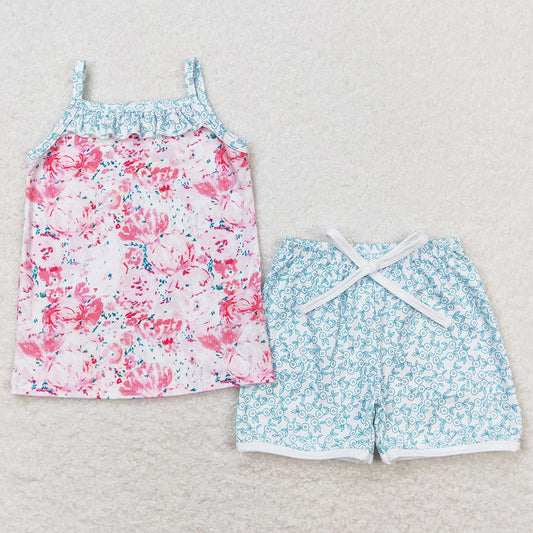 Baby Girls Clothes Pink Flowers Straps Top Shorts Summer Clothes Sets GSSO0869