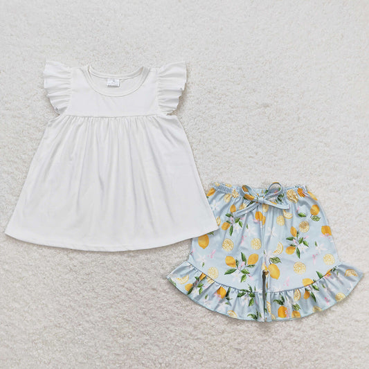 Baby Girls Clothes White Tunic Top Ruffle Lemon Fruit Shorts Sets GSSO0870