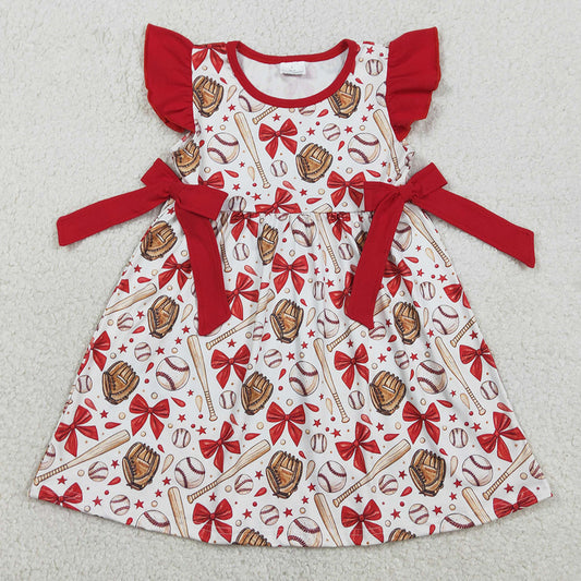 Baby Girls Dress Flutter Sleeve Baseballs Bows Team Knee Length Dresses GSD3455