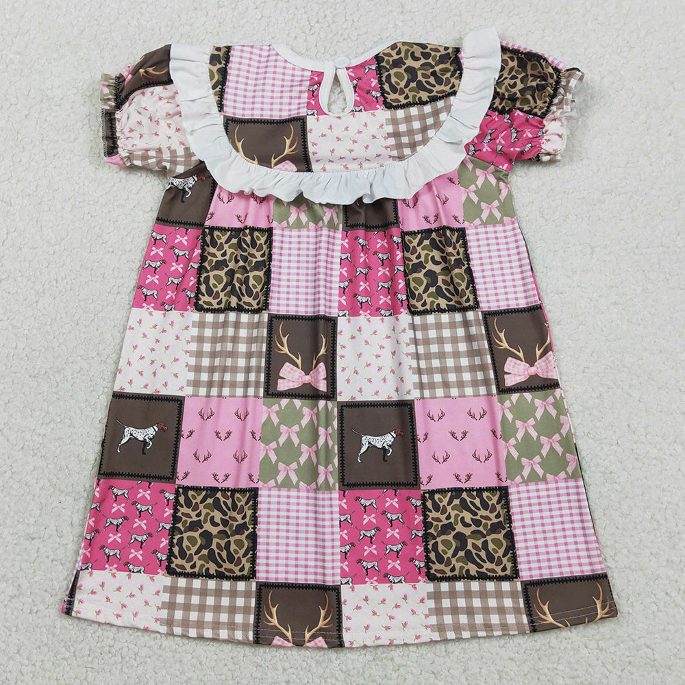 Baby Girls Dress Smocked Daddy's Girls Deer Dogs Bows Checked Hunting Knee Length Dresses GSD3484