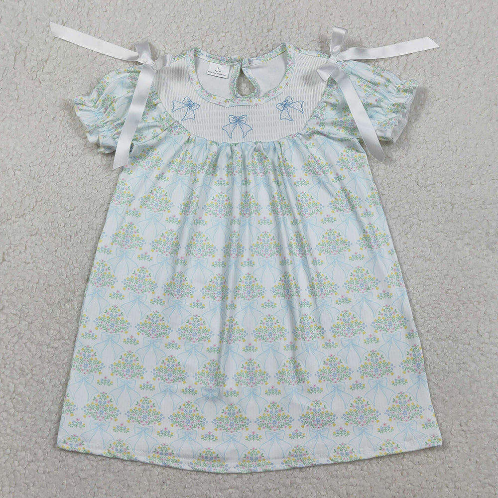 Baby Girls Dress Smocked Bows Flowers Short Ruffle Sleeve Knee Length Dresses GSD3046