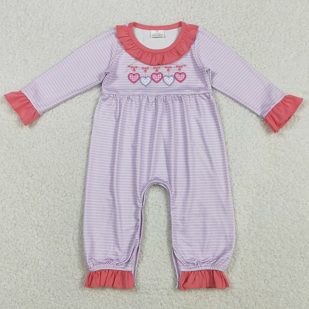 Baby Girls Rompers Embroidery Bows Hearts Pink Stripe Valentine Ruffle Collar Rompers LR2706 11.15