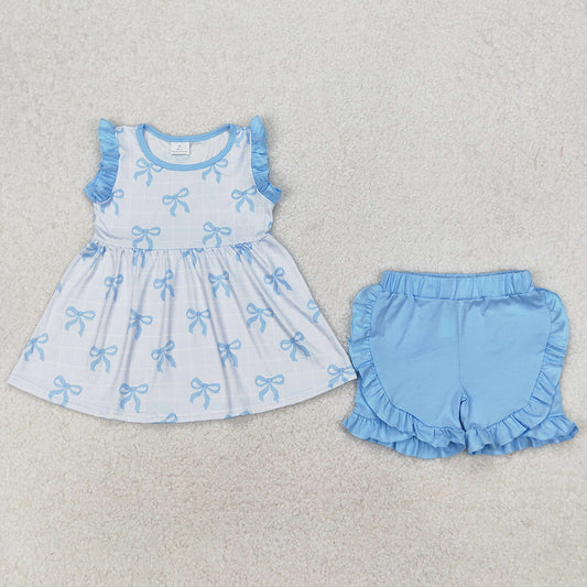 Baby Girls Clothes Blue Bows Sleeveless Tunic Ruffle Shorts Clothes Sets GSSO2120 3.13