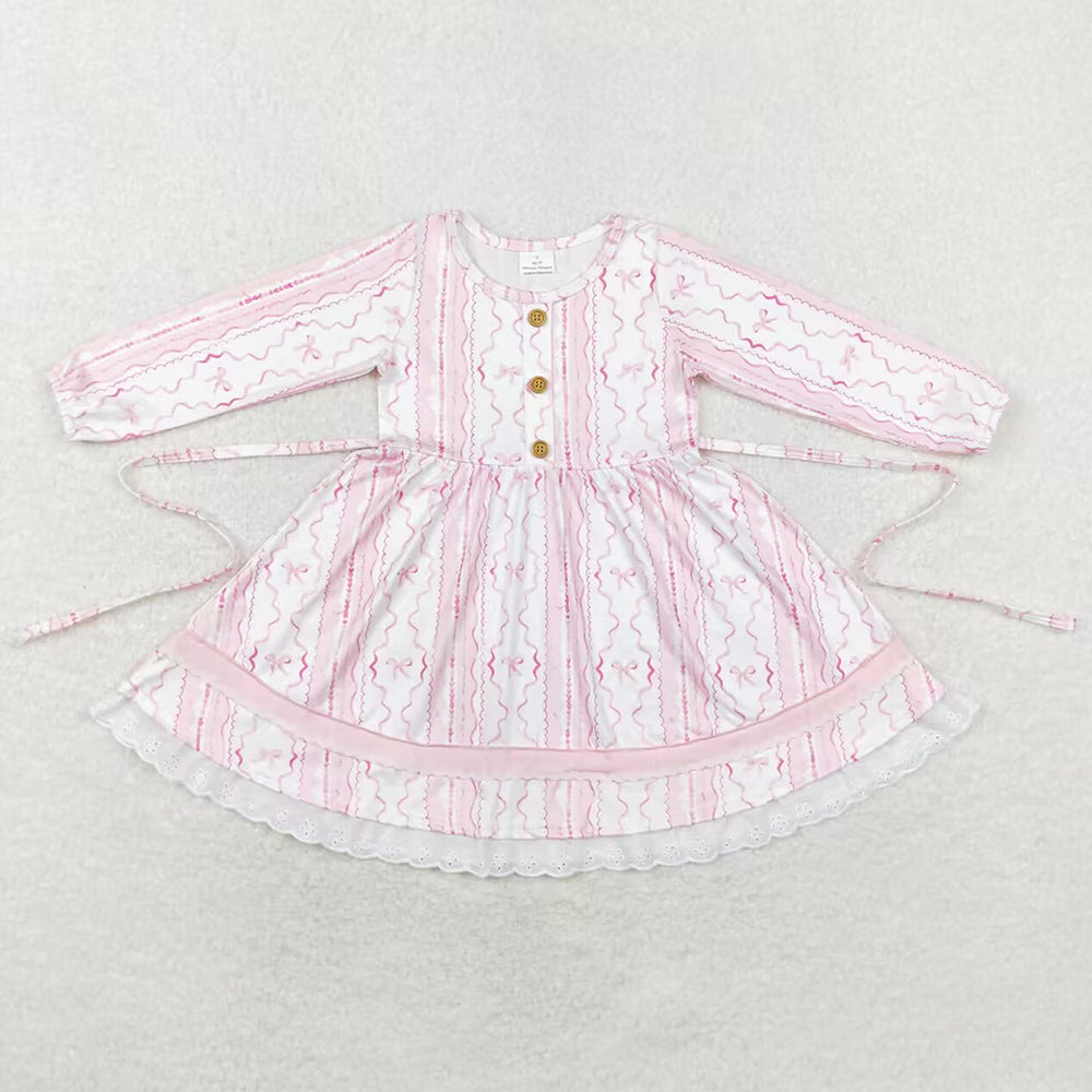 Baby Girls Dress Pink Bows Long Sleeve Knee Length Dresses GLD0546