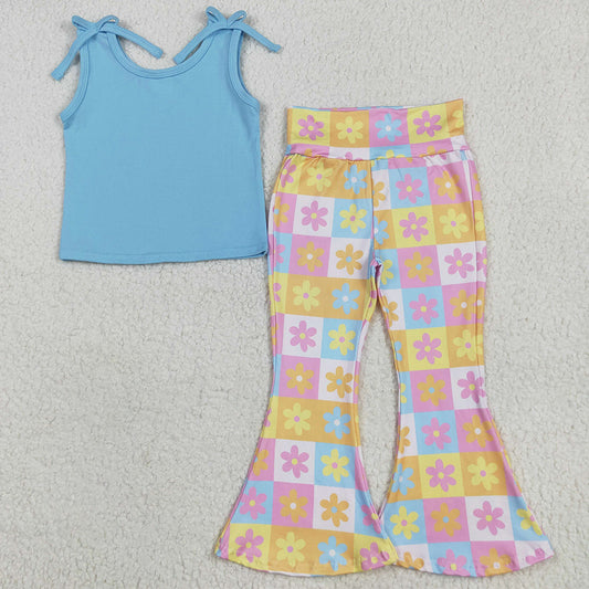Baby Girls Clothes Blue Top Flowers Plaid Bell Bottom Pants Sets GSPO2017 5.16