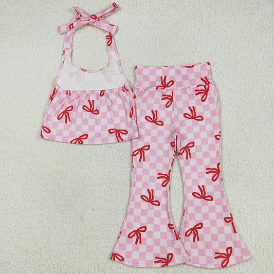 Baby Girls Clothes Strap Pink Plaid Vest Halter Top Bell Bottom Pant Sets GSPO2030 6.6