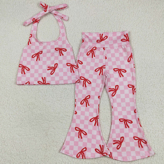 Baby Girls Clothes Strap Pink Plaid Vest Halter Top Bell Bottom Pant Sets GSPO2030 6.6