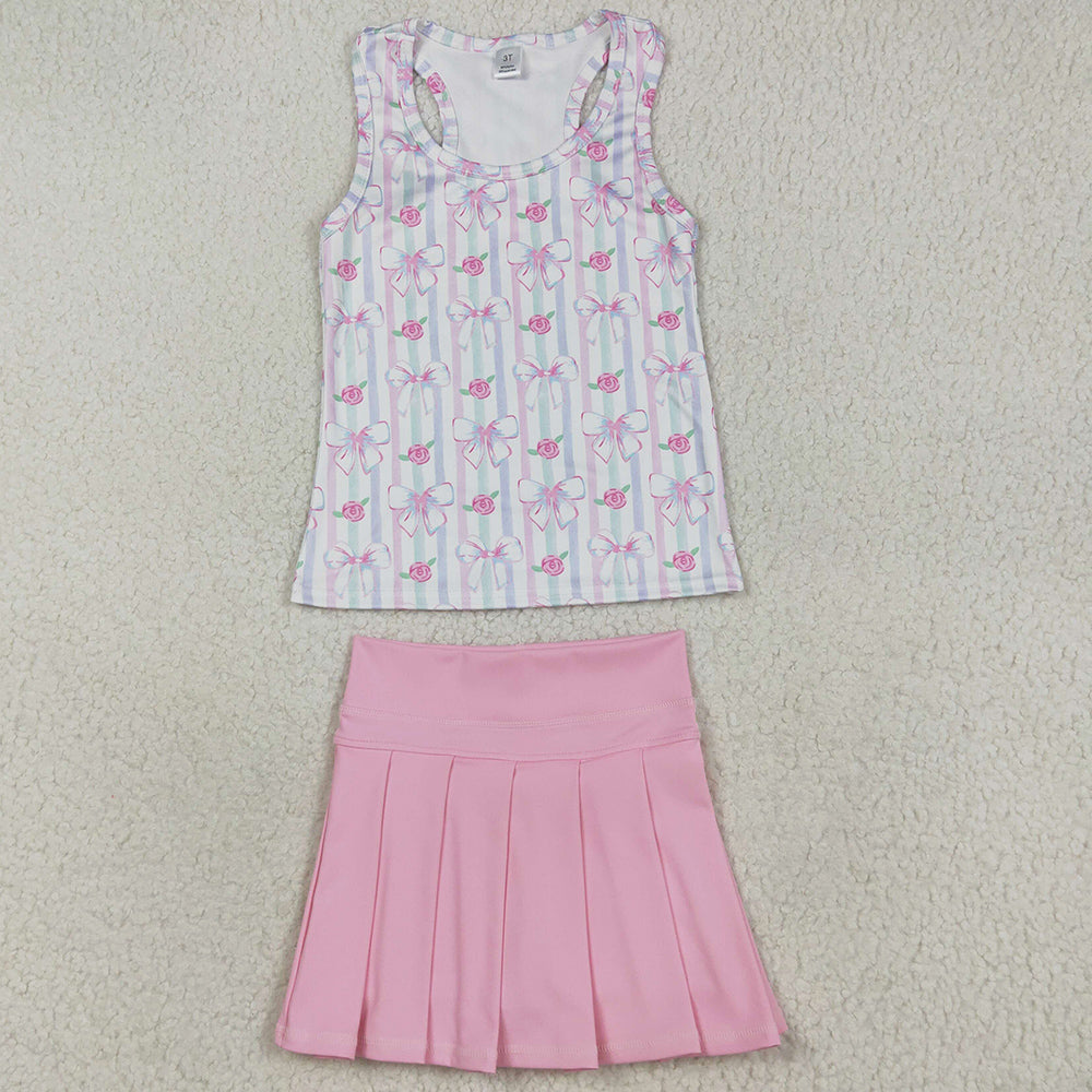 Baby Girls Clothes Pink Sleeveless Flowers Bows Top Pleated Skirts Yoga Sets GSD2457 7.19