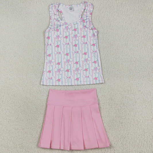 Baby Girls Clothes Pink Sleeveless Flowers Bows Top Pleated Skirts Yoga Sets GSD2457 7.19