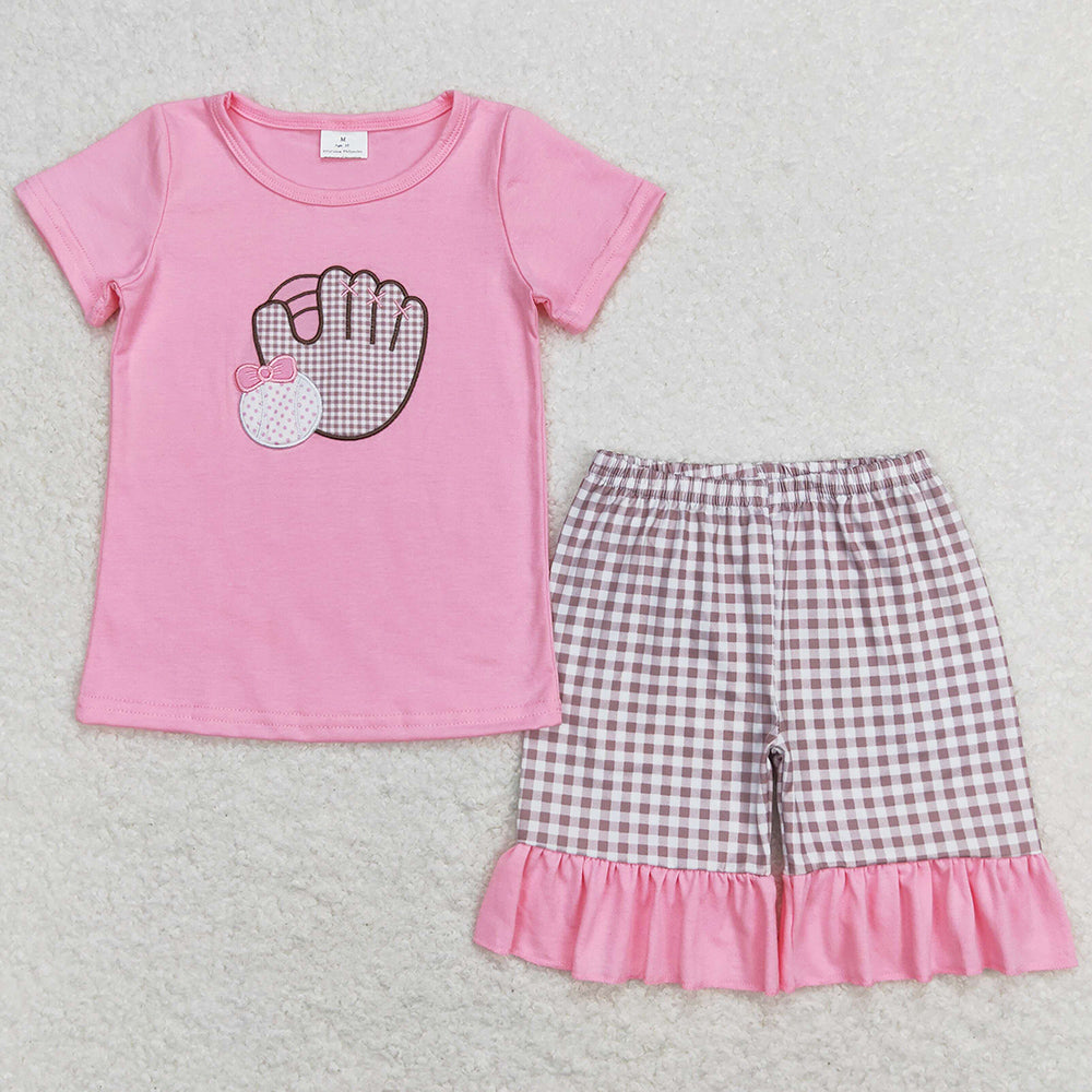 Baby Girls Clothes Pink Baseball Shirt Top Ruffle Shorts Kids Sibling Clothes Boys Sets GSSO0828