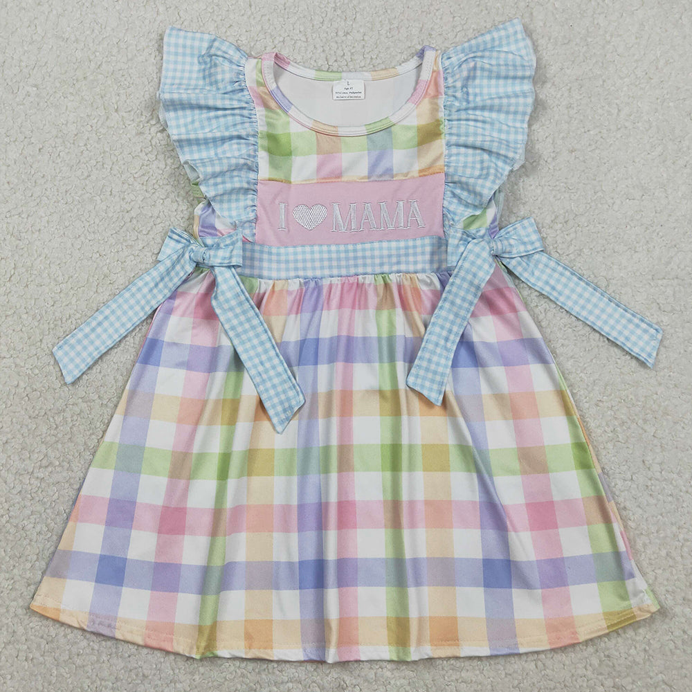 Baby Girls Dress Embroidery I Love Mama Colorful Checked Knee Length Dress GSD2940