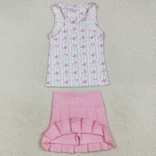 Baby Girls Clothes Pink Sleeveless Flowers Bows Top Pleated Skirts Yoga Sets GSD2457 7.19