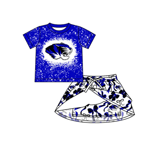 Preorder (moq 5)Baby Girls Short Sleeves Blue Tigers Top Bows Skorts Team Sets 6.28