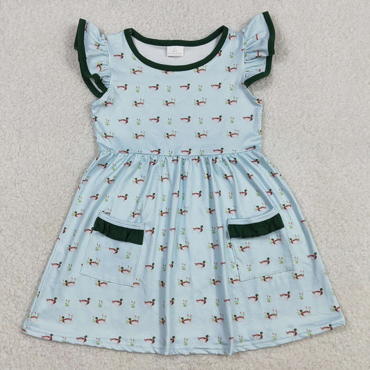 Baby Girls Dress Flutter Sleeve Ducks Pockets Hunting Knee Length Dresses GSD3679