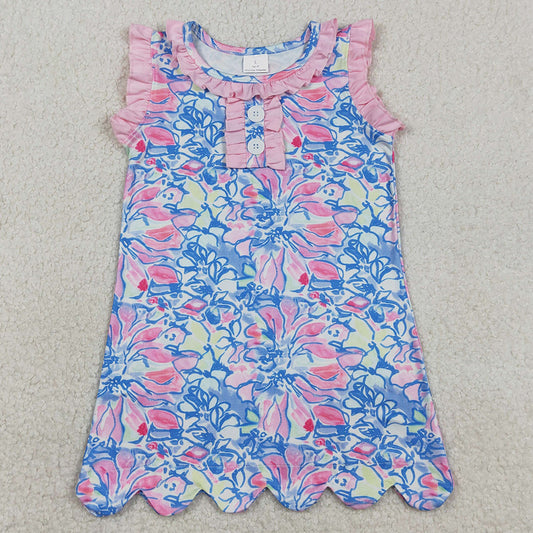Baby Girls Dress Sleeveless Flowers Button Ruffle Knee Length Dresses GSD3627