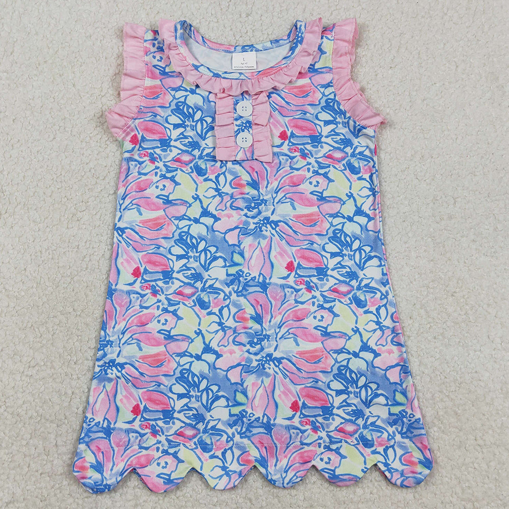 Baby Girls Dress Sleeveless Flowers Button Ruffle Knee Length Dresses GSD3627