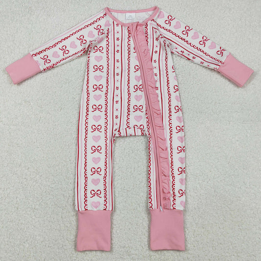 Baby Girls Clothes Pink Bows Hearst Stripe Valentines Ruffle Zip Rompers LR2781 11.18