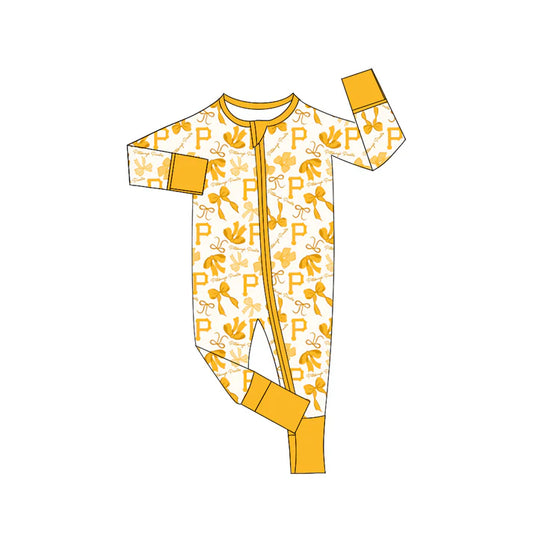 Preorder(moq 5)long sleeves P yellow bows baby team zip romper 8.22