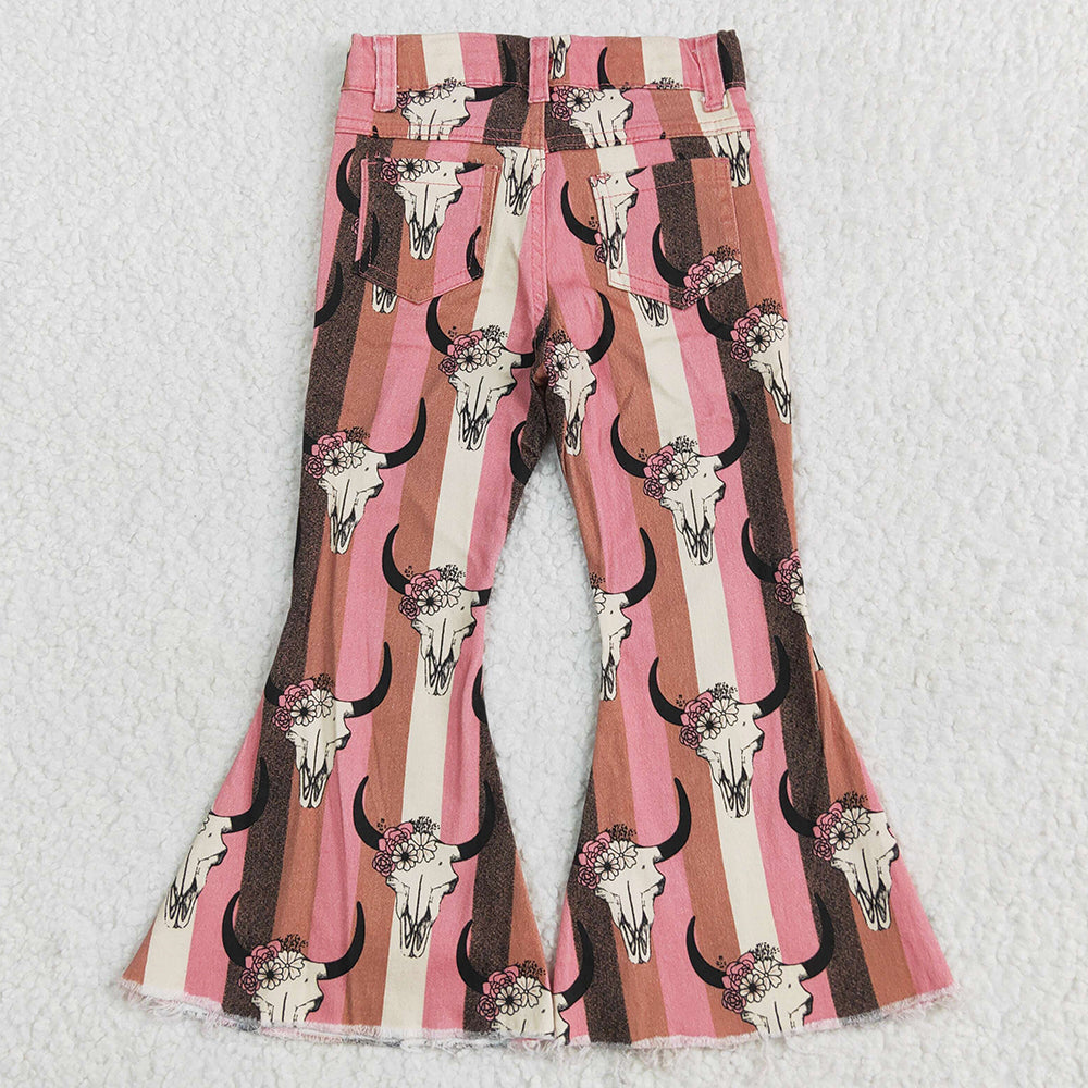 Baby Girls Jeans Pants Aztec Western Cow Skull Bell Flare Denim Pants P0437 5.1