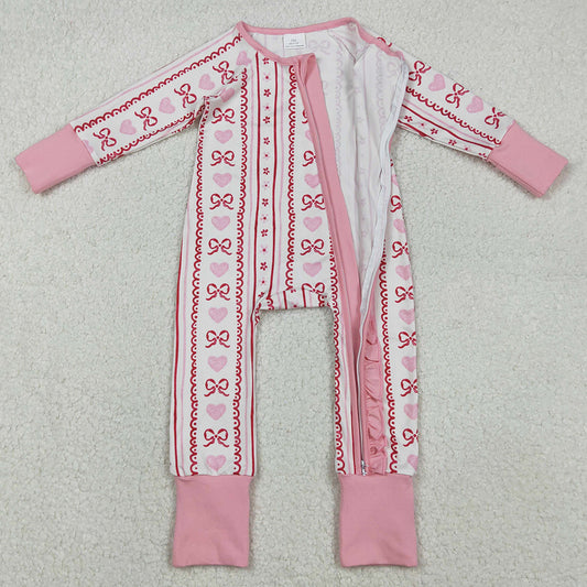 Baby Girls Clothes Pink Bows Hearst Stripe Valentines Ruffle Zip Rompers LR2781 11.18