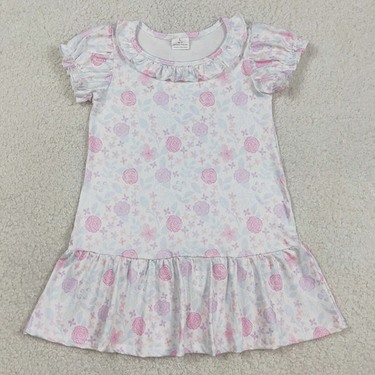 Baby Girls Dress Short Sleeve Pink Lavender Flowers Ruffle Knee Length Dresses GSD3717