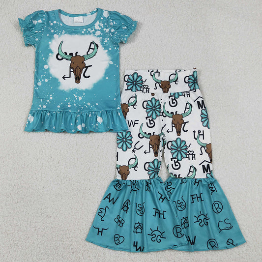 Baby Girls Clothes Bull Skulls Ruffle Top Bell Bottom Pants Western Clothes Sets GSPO2114 12.22