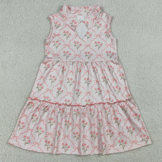 Baby Girls Dress Sleeveless Pink Bow Flowers Checked Patchwork Knee Length Dress GSD3678