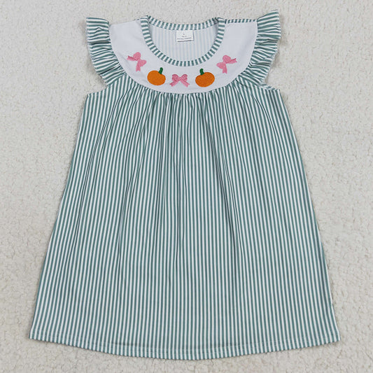 Baby Girls Dress Green Stripe Bows Pumpkins Embroidery Fall Knee Length Dresses GSD2746 8.9