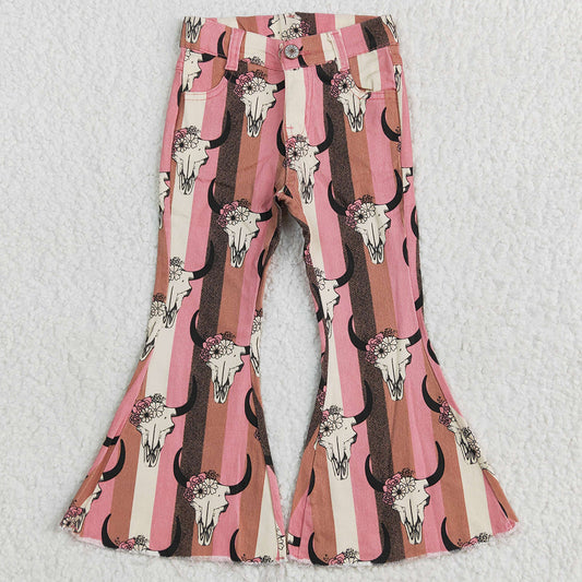 Baby Girls Jeans Pants Aztec Western Cow Skull Bell Flare Denim Pants P0437 5.1