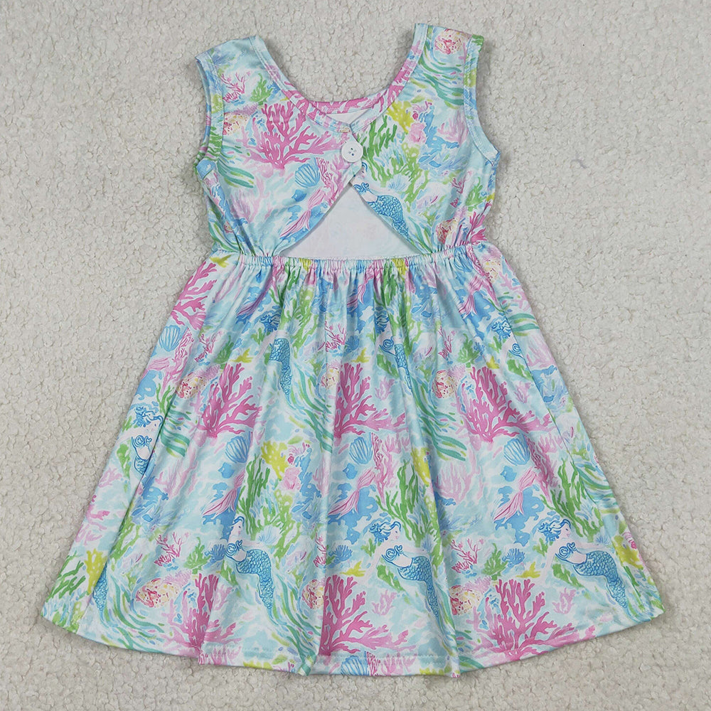 Baby Girls Dress Sleeveless Sea Plants Floral Knee Length Dresses GSD3665