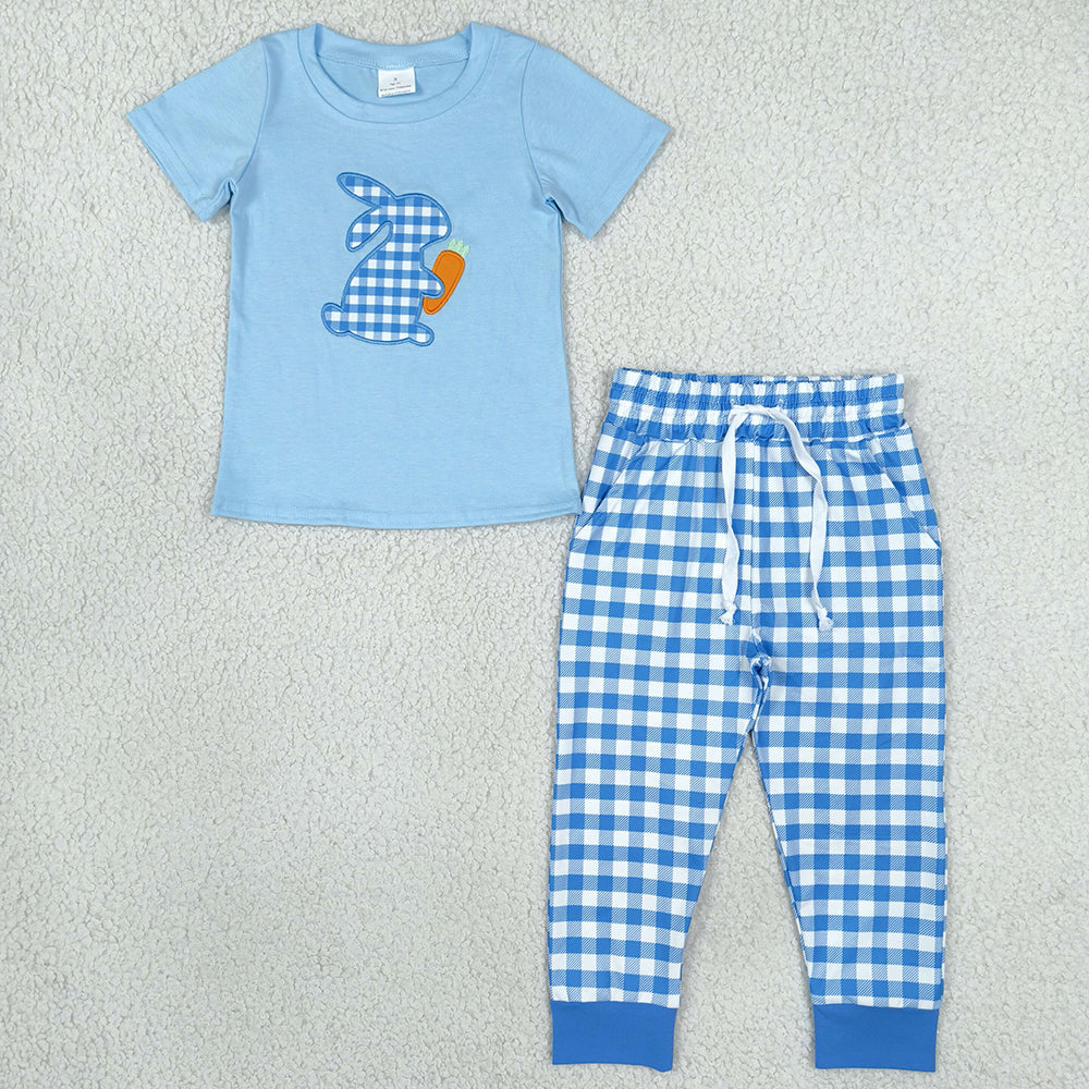 Baby Boys Clothes Embroidery Rabbit Carrots Blue Checked Pockets Joggers Easter Clothes Sets BSPO0705