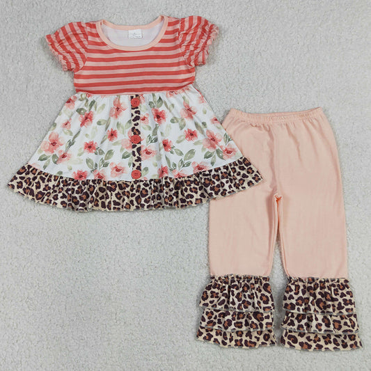 Baby Girls Clothes Flowers Short Sleeve Tunic Tops Ruffle Pants Clothes Sets GSPO1044