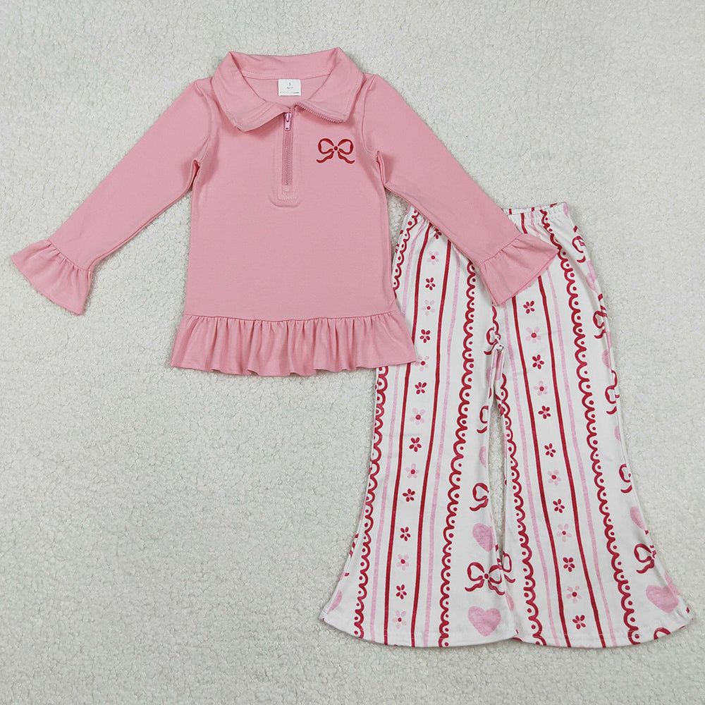 Baby Girls Clothes Embroidery Bow Pink Zipper Pullovers Stripe Bell Bottom Pants Valentines Clothes Set GLP2934 11.17