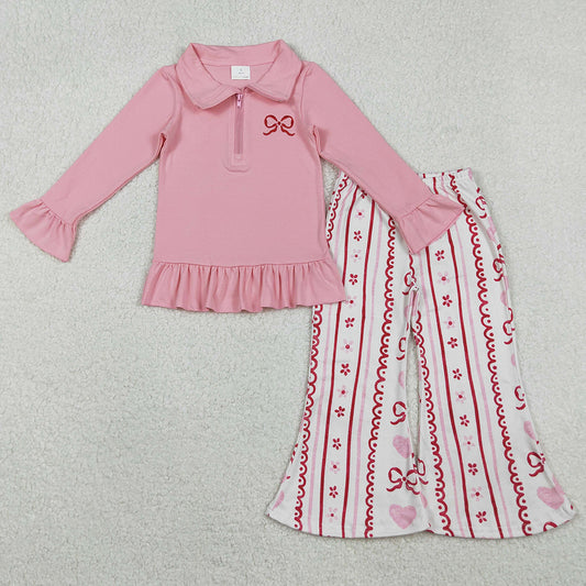 Baby Girls Clothes Embroidery Bow Pink Zipper Pullovers Stripe Bell Bottom Pants Valentines Clothes Set GLP2934 11.17