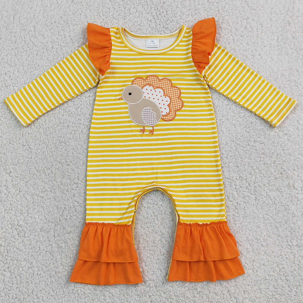 Baby Girls Rompers Embroidery Turkey Orange Stripe Thanksgivings Ruffle Pants Rompers LR3144