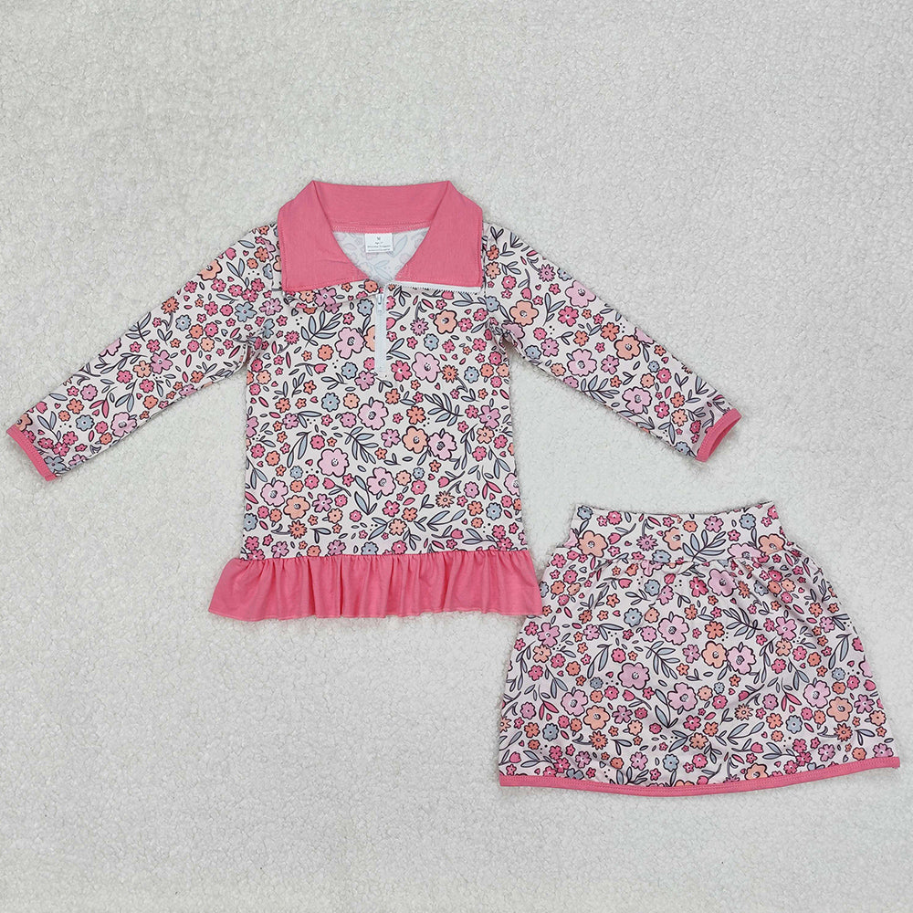 Baby Girls Clothes Bright Pink Flowers Zip Top Skirt Ruffle Skort Bottoms Sets GLD1011 3.7