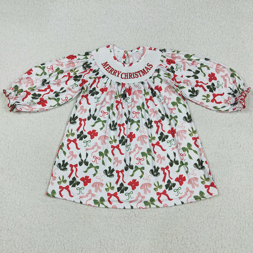 Baby Girls Smocked Embroidery Merry Christmas Colorful Bows Knee Length Dresses GLD1094 7.19