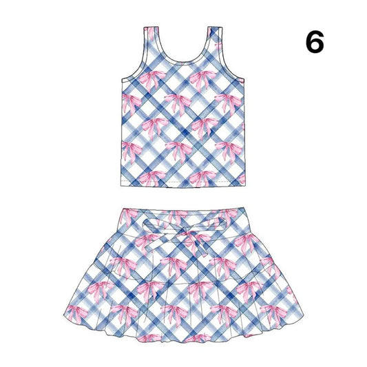 Preorder (moq 5)Baby Girls Blue Checked Bows Vests Top Skirt Shorts Clothes Sets 1.14