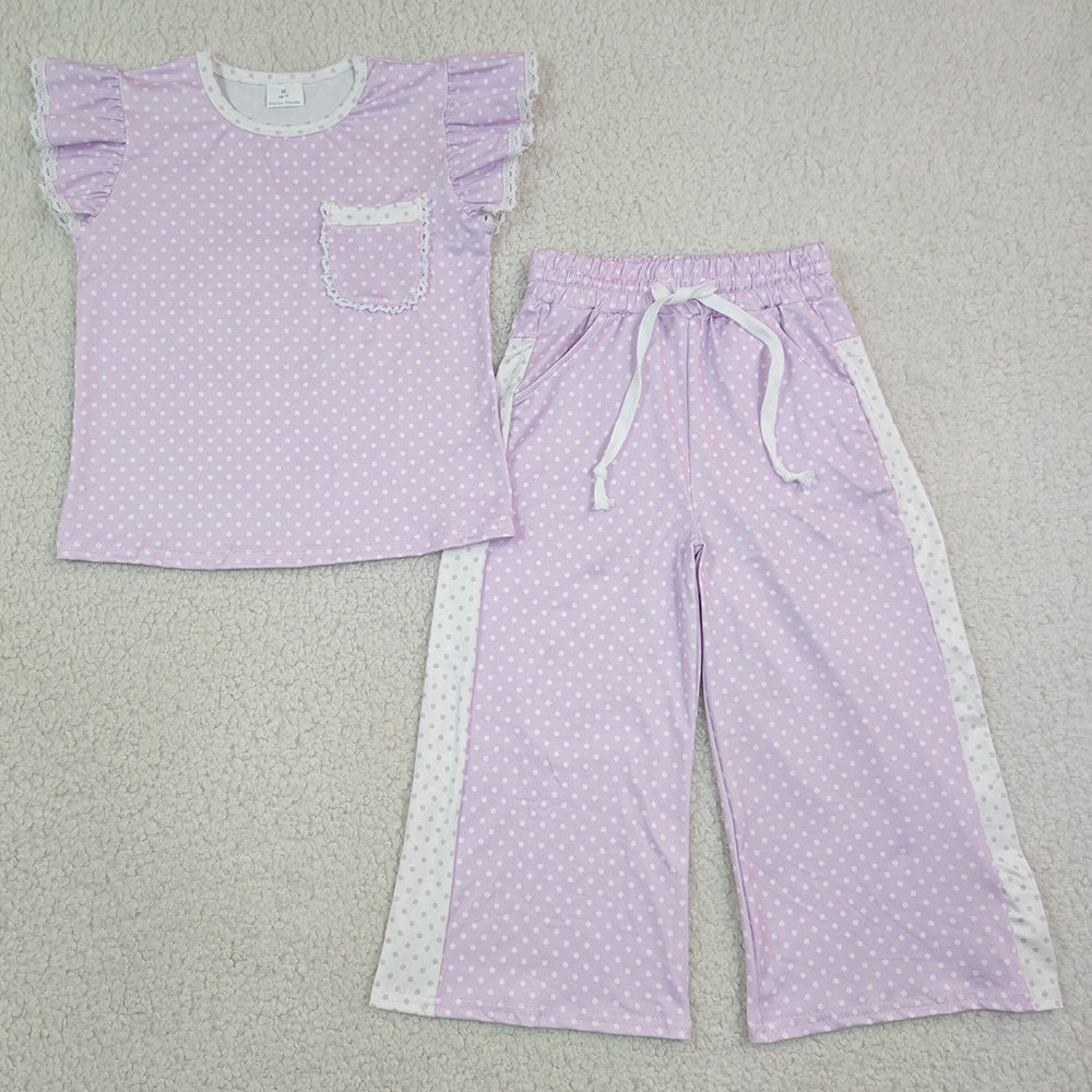 Baby Girls Clothes Purple Polka Dots Pocket Top Flare Pant Clothes Sets GSPO2328