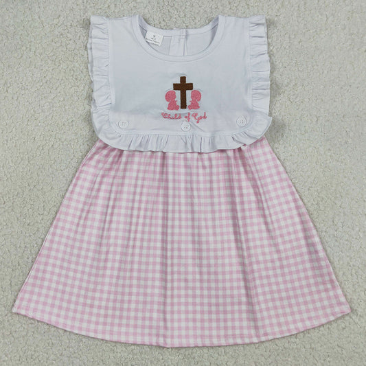 Baby Girls Rompers Embroidery Cross Pink Checked Child of God Easter Knee Length Dress GSD3201