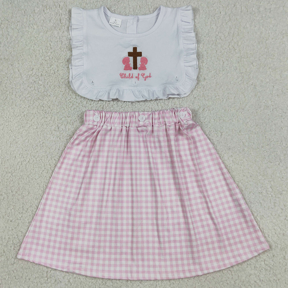 Baby Girls Rompers Embroidery Cross Pink Checked Child of God Easter Knee Length Dress GSD3201