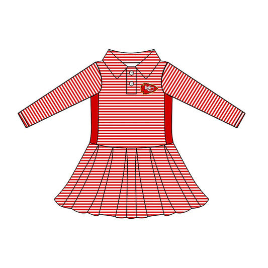 Preorder (moq 5)Baby Girls Long Sleeve Stripe Button KC Team Knee Length Dresses 7.22