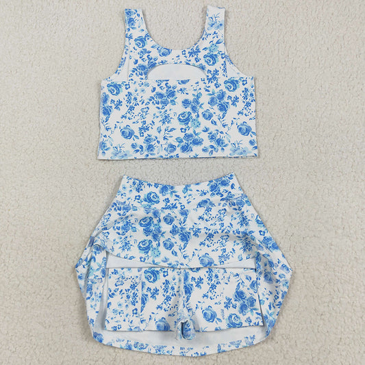 Baby Girls Clothes Blue Flowers Print Vest Top Shorts Skirts Yoga Activity Set GSD2787 8.9