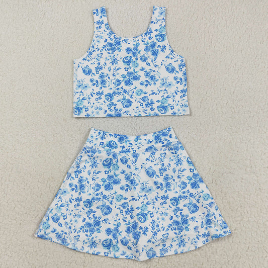 Baby Girls Clothes Blue Flowers Print Vest Top Shorts Skirts Yoga Activity Set GSD2787 8.9
