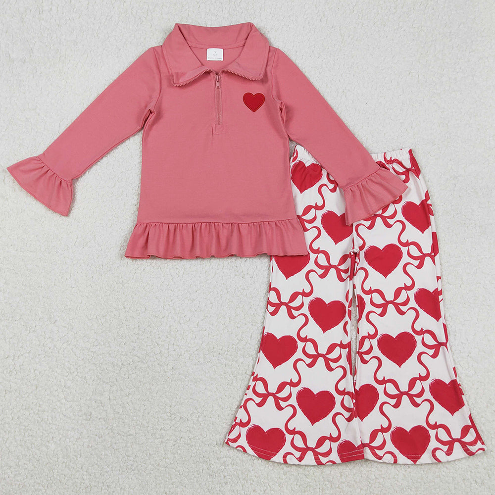 Baby Girls Clothes Embroidery Heart Zipper Pullovers Bell Bottom Pants Valentines Clothes Set GLP2935 11.17