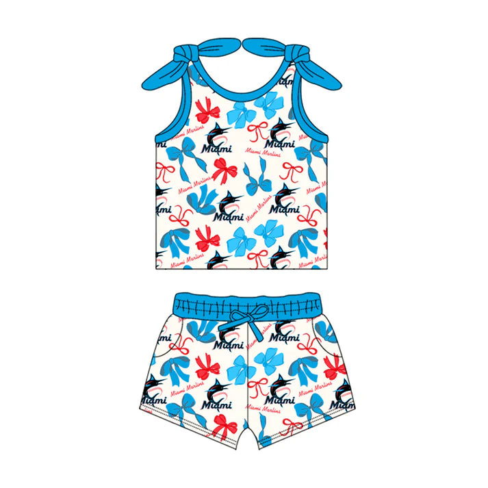 Preorder MOQ 5 pcs sleeveless M light blue bow top shorts girls team clothes 8.23