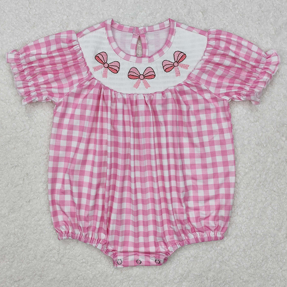 Baby Infant Girls Rompers Pink Checkered Bows Smocked Rompers SR2325