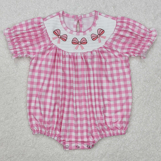 Baby Infant Girls Rompers Pink Checkered Bows Smocked Rompers SR2325