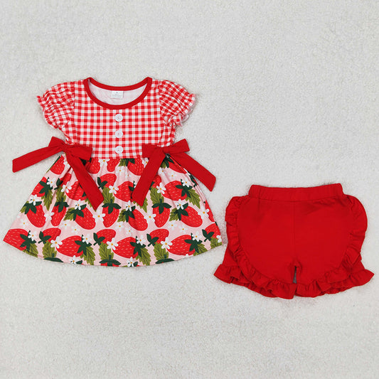 Baby Girls Clothes Red Checkered Strawberry Bows Tunic Ruffle Shorts Clothes Sets GSSO1648