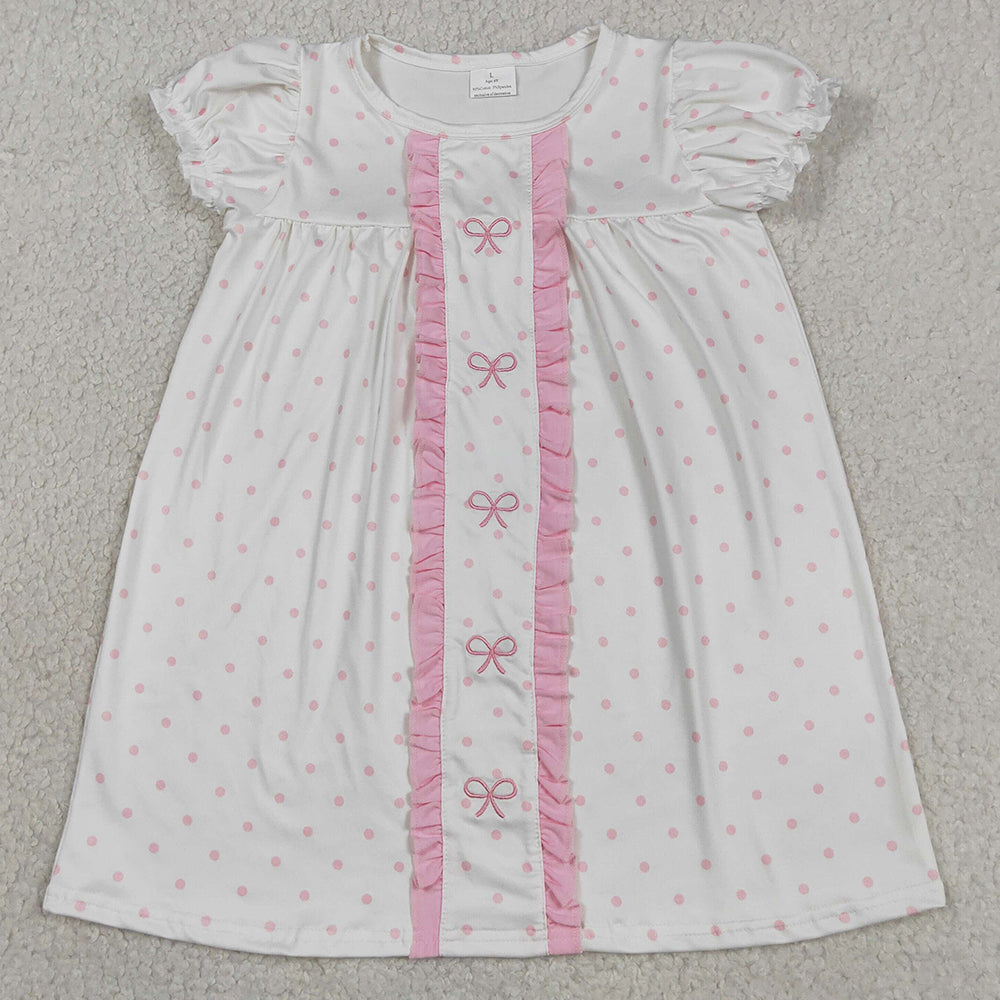 Baby Girls Dress Embroidery Bows Pink Polka Dots Knee Length Dresses GSD3312